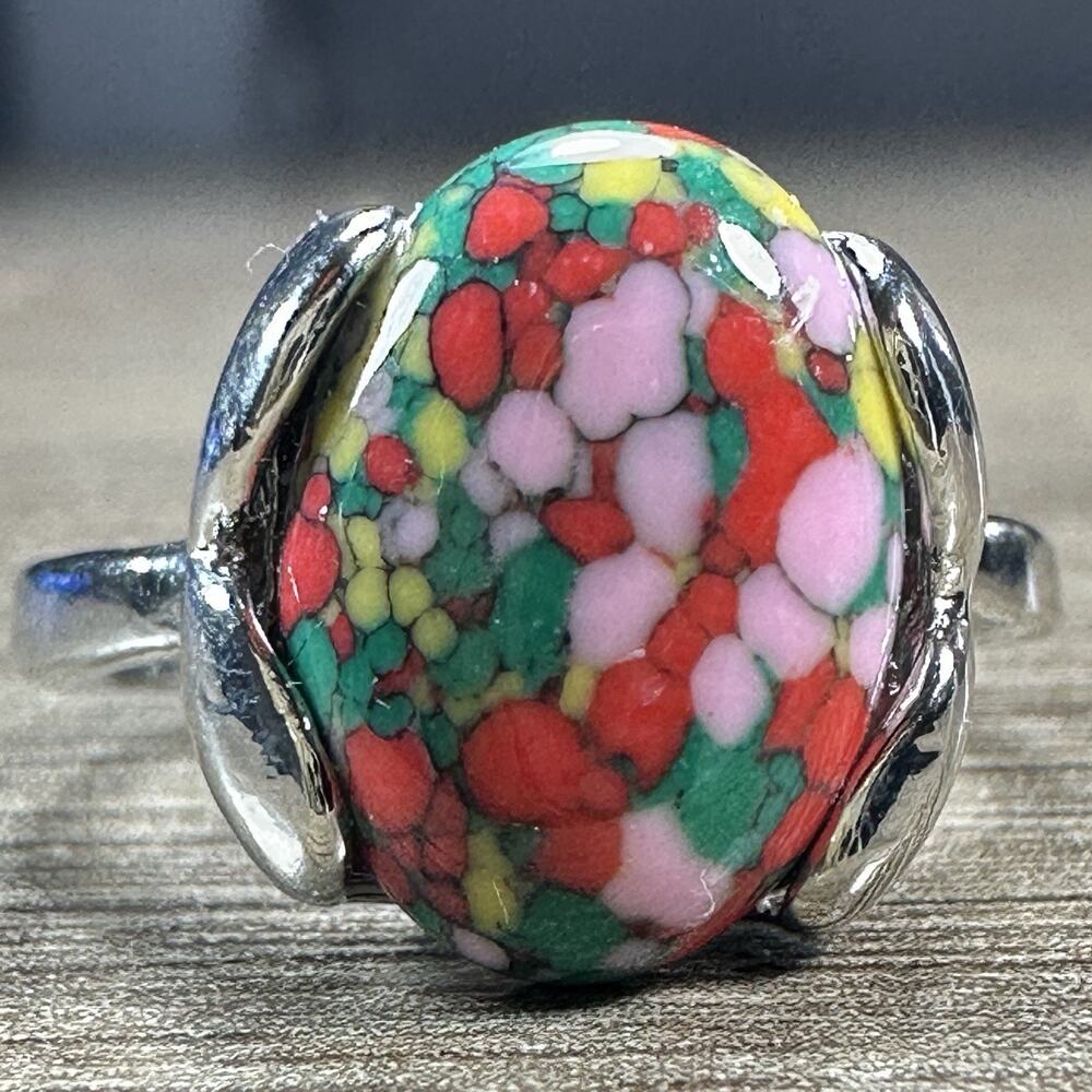 925 Sterling Silver Green Pink Red Mixed Stone Ring Smooth Oval Artistic Sz 8 - Picture 1 of 9